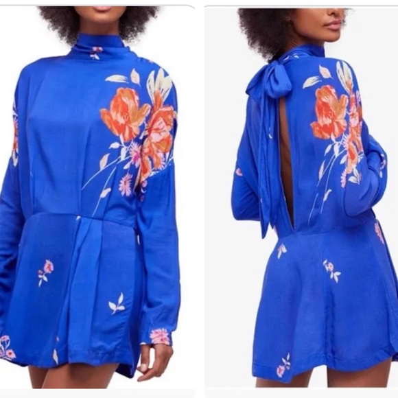 Free People Dresses & Skirts - FREE PEOPLE GEMMA  OPEN BACK LONG SLEEVE TROPICAL FLORAL MINI DRESS BLUE MEDIUM